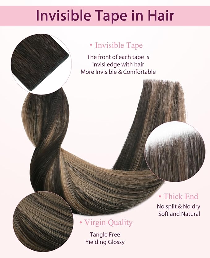 Pinkpearl Invisible Tape in Hair Extensions Human Hair, 20pcs 18inch 50g #2/6/2 Balayage Dark Brown to Chestnut Brown Injection Tape in Extensions Real Remy Human Hair Injected