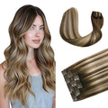 XDhair Clip in Hair Extensions 100g 6pcs 14 Inch Chocolate Brown to Caramel Blonde Real Human Hair Clip in Extensions Silky Straight for Women(14inch, #4/27/4)