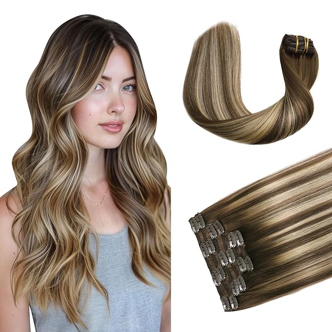 XDhair Clip in Hair Extensions 100g 6pcs 14 Inch Chocolate Brown to Caramel Blonde Real Human Hair Clip in Extensions Silky Straight for Women(14inch, #4/27/4)