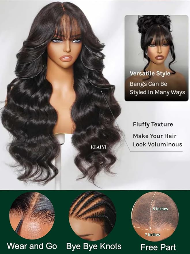 KLAIYI Fluffy Body Wave Curtain Bang Wig Bye Bye Knots Glueless Pre Cut 7x5 Lace Front Wigs Human Hair Loose Wave Pre Bleached Pre Plucked Pre Everything 3S Easy to Wear and Go Wig 180% Density 18Inch