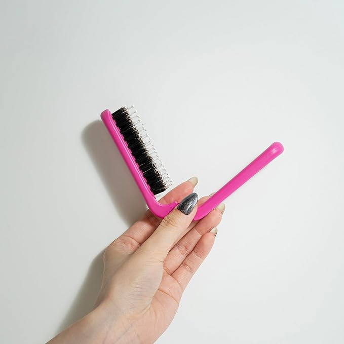 Uffy MiniPop Travel Hair Brush – Mini Folding Boar Bristles for Women, Men & Kids | Kid-Friendly Portable Purse Brush for Wet & Dry Hair, Curly or Straight | Pocket-Size Detangler – Hot Pink