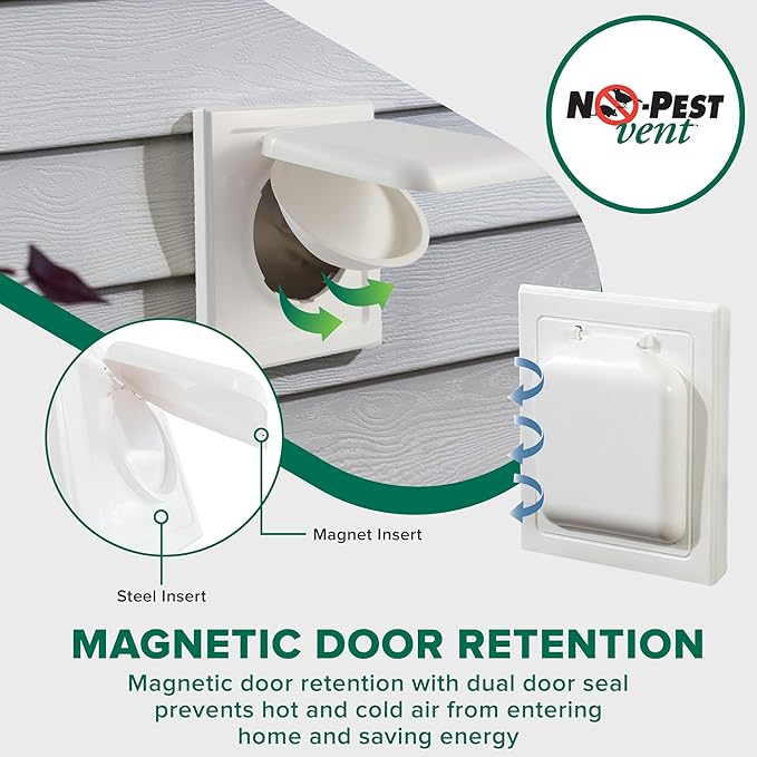 NO-PEST VENT MetalGuard, Dual Door Dryer Vent Cover Outdoor 4 Inch, Powder-Coated Heavy Duty Steel, Pest Proof, Rust Resistant, Safe & Efficient Vent Cap (White, STEEL 4" W/O Duct Tube)