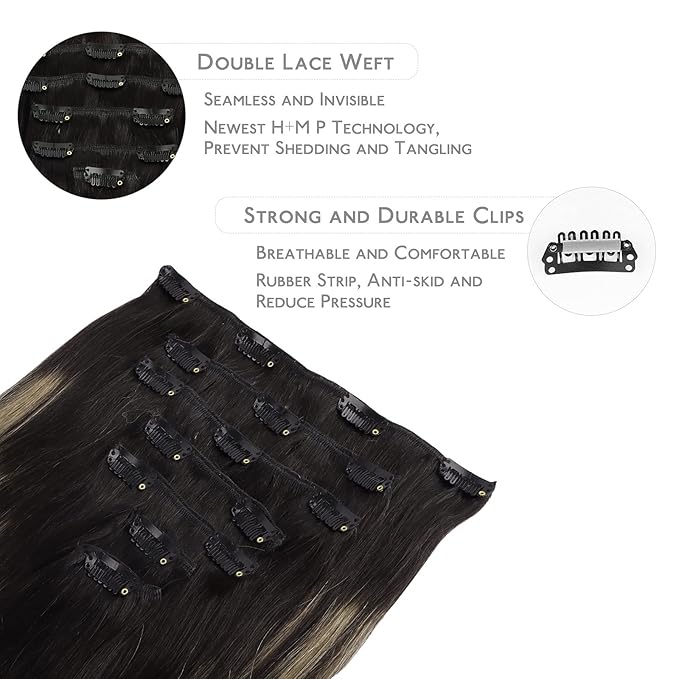 WENNALIFE Clip in Human Hair Extensions, 18 Inch 120g 7pcs Balayage Natural Black to Light Blonde Hair Extensions Remy Real Human Hair Double Weft