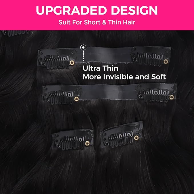 Lashey Seamless Clip in Hair Extensions Human Hair #1 Jet Black Body Wave 7pcs 110g 20 Inch Invisible PU Weft Human Hair Clip in Extensions for Women
