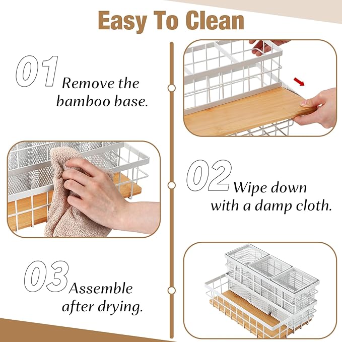 2 Pcs Hair Tool Organizer Countertop Breathable Metal & Bamboo Hot Tools Organizer Under Sink Bathroom Hair Dryer Holder Countertop Brush Comb Holder,Makeup Tray (Natural Bamboo,White)