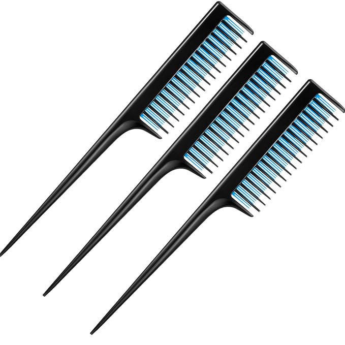 Leinuosen 3 Pcs Triple Teasing Comb for Women Plastic Rat Tail Comb Heat Resistant Pintail Tease Layer Tool for Thick Fine Hair Styling Backcombing Volume Structure(Black and Blue)