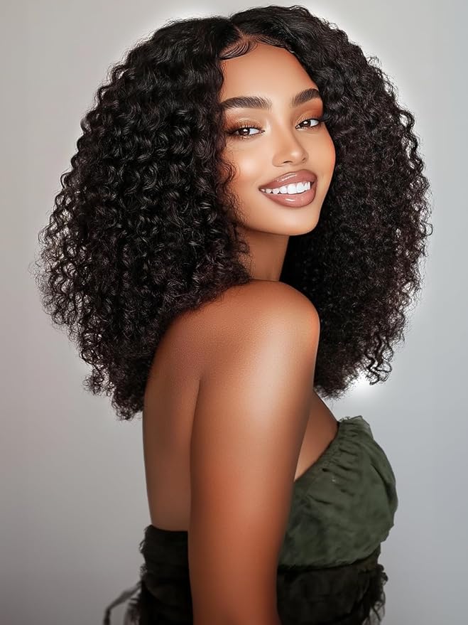 YIROO EasiContour V Part Wigs Human Hair Jerry Curly Glueless Human Hair Wigs Upgraded U Part Curly Wigs No Leave Out No Gel V Shape Clip in Half Wig Beginner Friendly Ready to Go Wig 20 inch