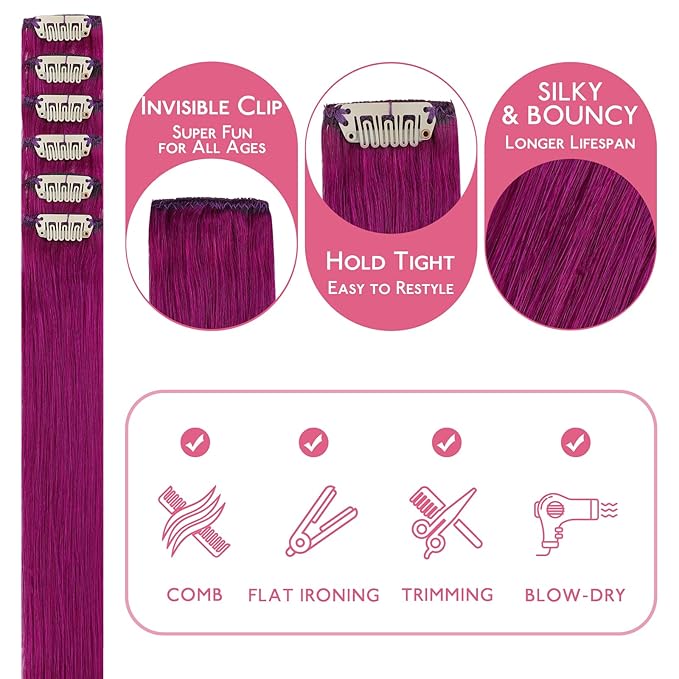WENNALIFE Violet Clip in Hair Extensions Real Human Hair 35g 6pcs 20 Inch Colored Hair Extensions for Kids Women Colorful Hair Pieces Pop-up Style Straight Extensiones De Cabello Humano Con Clip