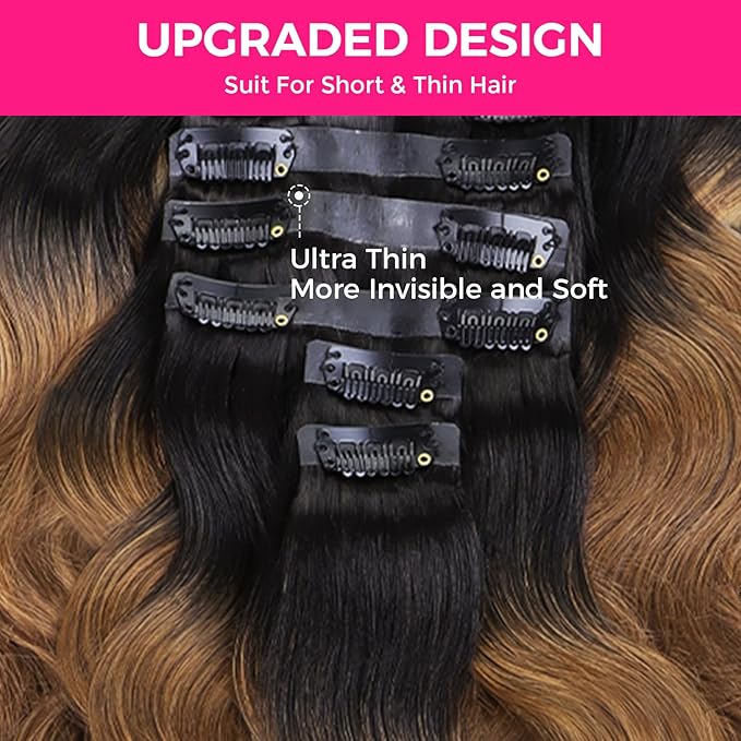 Lashey Seamless Clip in Hair Extensions Human Hair 130g 9pcs 18 Inch Body Wave Ombre Natural Black to Medium Auburn Clip in Hair Extensions for Women