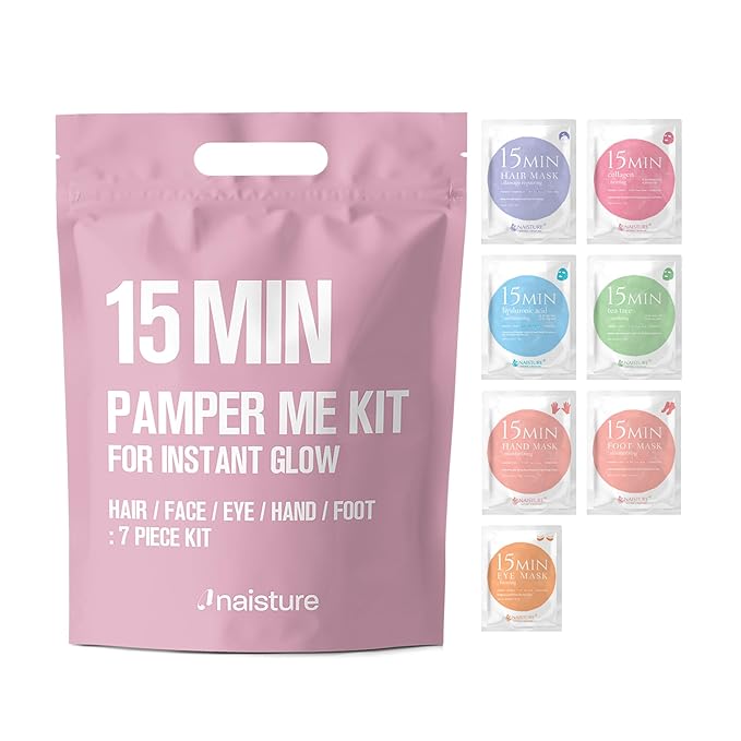 15 Min Pamper Me Kit by Naisture – Korean Spa and Skincare Kit for Women with Hair Mask, Hand and Foot Masks, Eye Mask, and Face Masks