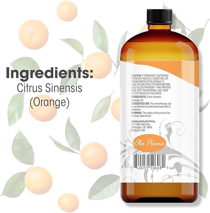 Ola Prima Oils - Orange Essential Oil (16oz Bulk) Therapeutic Grade for Aromatherapy, Diffuser, Relaxation, Calming