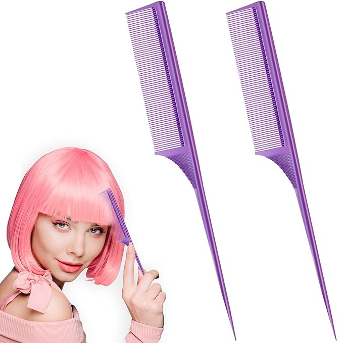 2 Pack Rat Tail Combs for Women Fine Tooth Comb Parting Tip Carbon Fiber Root Teasing Anti Static Heat Resistant Adding Volume Evening Hair Styling (Purple)