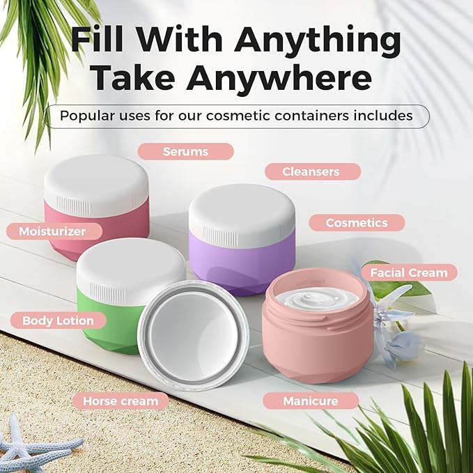 Travel Containers for Toiletries, 4-Pack TSA Approved Silicone Jars (1.7oz) - BPA Free Leakproof Cosmetic Containers for Creams, Lotion, Skincare & Makeup with Bonus Waterproof Bag