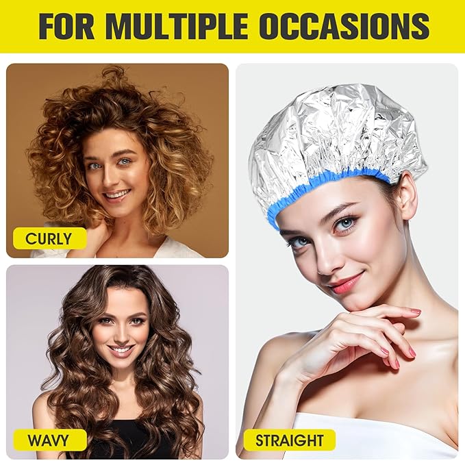 3 Pcs Deep Conditioning Hair Cap, Reusable Processing Caps for Hair Practical Cap for Oil Treatment Heat Caps for Long Thick tousle Dyeing Home and Salon Use Gold Blue Gray