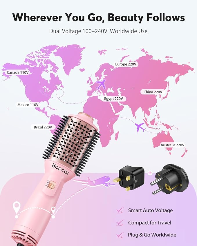 Dual Voltage Travel Blow Dryer Brush, Mini Hair Dryer Brush with Auto 100–240V, EU/UK Plug Ready, 4-in-1 Compact Hot Air Brush Lightweight, Ionic for Smooth & Voluminous Hair Anywhere