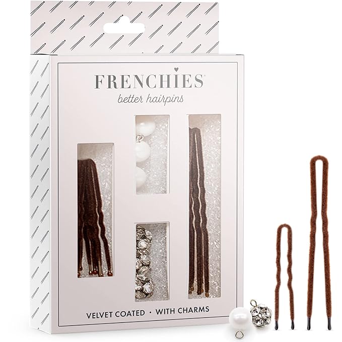 Frenchies French Twist Hair Pin, Velvet Coated Extra Soft French Hair Pins for Women, Wedding, Updo Extensions, or Wig, 6 Pearls + 6 Crystals, 20 Count (10 Lrg, 10 Sm), Brown