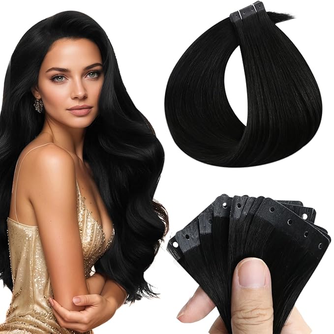 Full Shine Human Hair Tape in Extensions Color Jet Black 20Inch Skin Weft Tape in with Holes 20PCS 50G Straight Tape Extensions Human Hair for Wedding No Glue Soft Remy PU Hair Extension