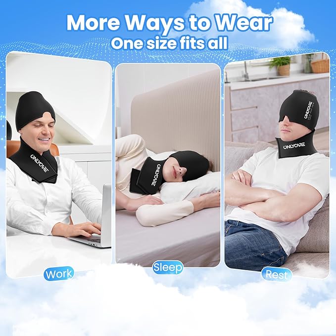 ONLYCARE Migraine Relief Cap and Neck Ice Pack Wrap Gel Set, Upgrade Headache Relief Cap and Shoulder Cold Pack, Hot and Cold Compress, FSA - HSA Eligible, Relief of Pain, Swelling, Office Pressure