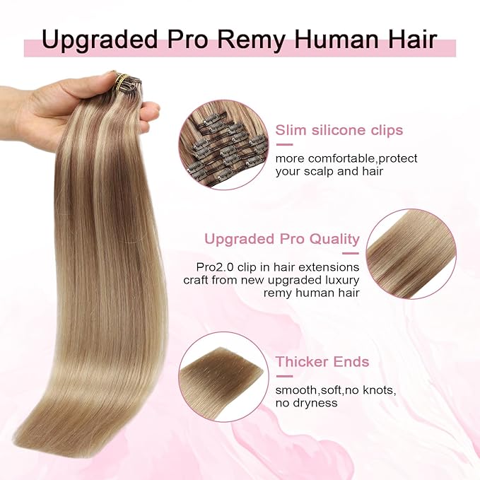 Pro2.0 Clip in Hair Extensions Real Human Hair 20inch 7pcs Color #10/16/16 Ash Brown to Caramel Blonde Remy Real Human Hair Extensions Clip ins 120g Thick Double Weft（#10/16/16-20inch）