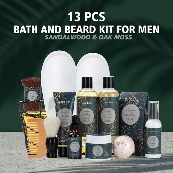 Fathers day gift baskets Birthday Day Gifts for Him Spa Gift Basket for Men, Body Wash, 13pcs Sandalwood Oak Moss Bath and Beard Kit for Men with Beard Brush, Christmas Gifts Spa Kits for Man dad