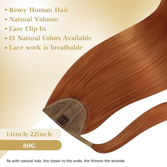 Ve Sunny Hair Extensions Ponytail Real Human Hair Wrap Around Clip in Ponytail Hair Extensions Straight Extensions Human Hair for Women Copper 16inch 80G