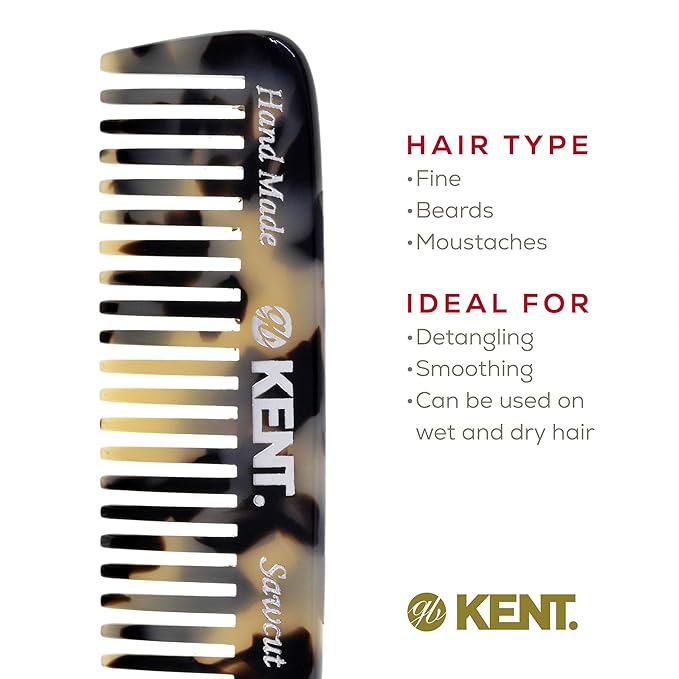 Kent 93T White Tokyo Wide Tooth Small Comb for Men's Mustache and Beard Grooming, Pocket Sized Detangler Travel Comb, Saw-Cut and Polished, Handmade in England