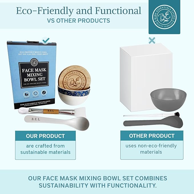 Bare Essentials Living - Clay Face Mask Mixing Bowl Set, Skin Care Kit Facial Bowls with Bamboo Lid, Face Mask Spoon, & Dual Sided Face Mask Brush Applicator for DIY Facials & Hair Mask (Blue Floral)