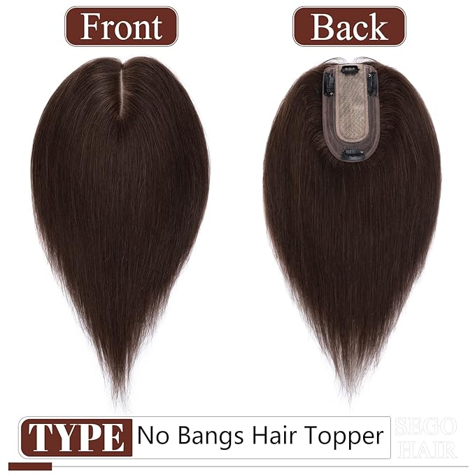 SEGO Real Human Hair Topper for Women, No Bangs Hair Topper with Anti-Slip Clips (16 Inches Dark Brown)