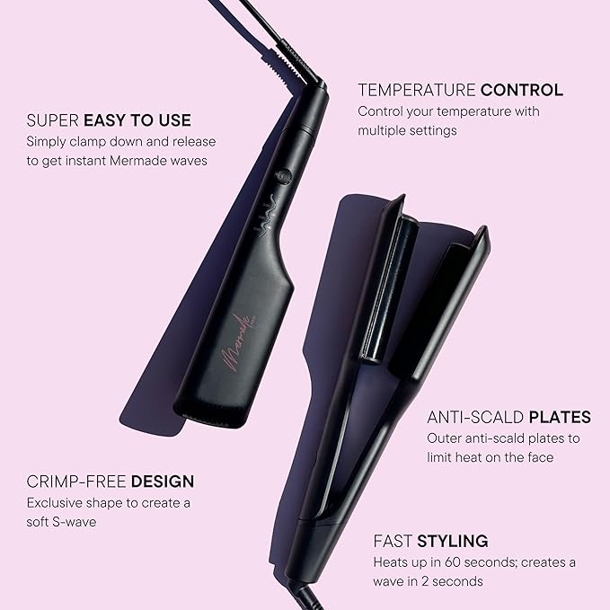 Mermade Hair Double Hair Waver Tool - Double 1" Barrel Iron for Crimp-Free Beach Waves, Hair Curler for Women, Ionic Ceramic Plates, Reduces Frizz, Suitable for Short, Medium, & Long Hair - Black