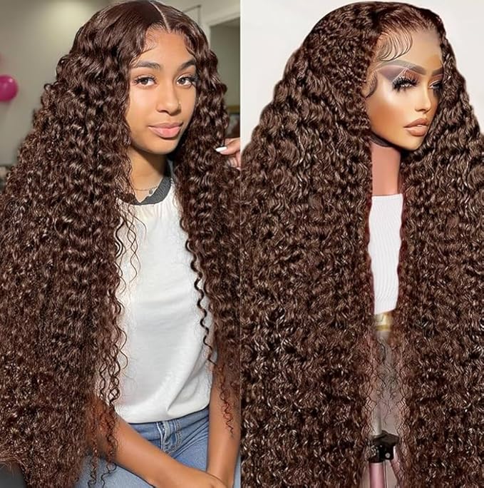 24 Inch Chocolate Brown Deep Wave Lace Front Wigs Human Hair Pre Plucked 200% Density 13x6 HD Lace Frontal Wigs with Baby Hair Deep Curly Wet and Wavy Glueless Wigs for Women (4# Brown, 24 Inch)