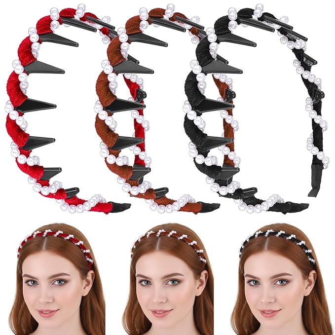 3 Pcs Vintage High Cranium Pearl Hairband Elegant Beaded Pearl Headbands with Teeth Comb Hair Hoop Band Headwear Fashion Braided Head Band Non Slip Hair Comb Hairs Accessories Gift for Women Girls
