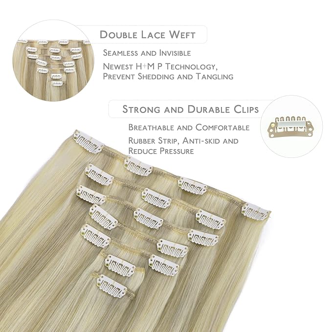 WENNALIFE Clip in Hair Extensions, 20 Inch 120g 7pcs Ash Blonde Highlighted Platinum Blonde Remy Hair Double Weft Straight Natural Extensiones De Cabello Humano Con Clip Ins