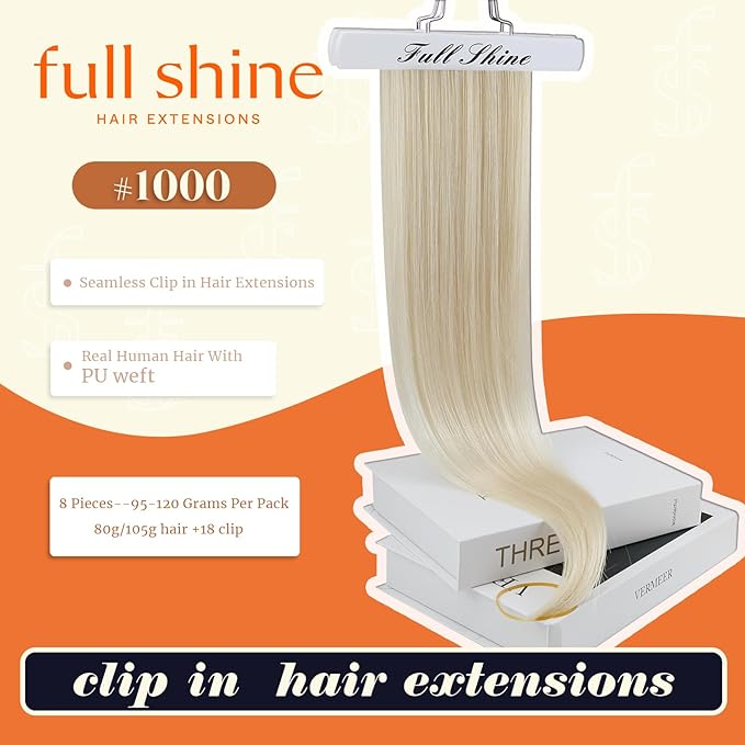 Full Shine Blonde Human Hair Clip in Extensions 22 Inch Long Hair Extensions for Women Seamless Extension Clip ins Straight Remy Natural Hair 8 PCS 120 G