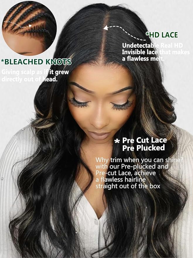 KLAIYI Bye Bye Knots Wear and Go Glueless Wig Highlight Blonde Body Wave 7x5 Pre Cut Lace Front Wig Human Hair Pre Plucked Bleached Ombre Hair with Dark Roots Chocolate Brown 30S Ready to Wear 24Inch