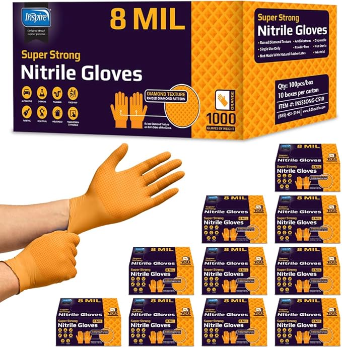 Inspire HEAVY DUTY ORIGINAL Stretch Nitrile Black Gloves Disposable Latex Free | Food, Mechanic, 6mil Black or 8 Mil Orange