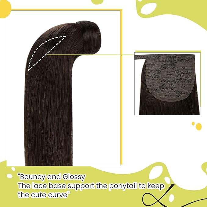 RUNATURE Dark Brown Ponytail Extension Real Hair, 20 Inch Ponytail Extension Human Hair, Long Straight Human Hair Ponytail, Remy Natural Hair, Add Length, 80g #2 Dark Brown