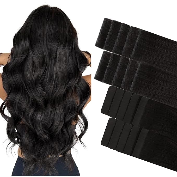 GOO GOO Invisi Edge Tape in Hair Extensions Human Hair, 1B Natural black 10pcs injected with 10pcs classical tape ins, 12inch 40g, Virgin Remy Hair, Natural Look