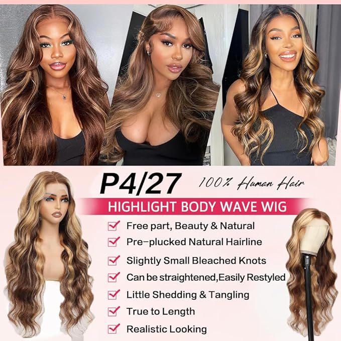 4/27 Honey Blonde Ombre Lace Front Wig Human Hair 13x6 HD Highlight Body Wave Lace Frontal Wigs Glueless Wigs Pre Plucked with Baby Hair 180 Density 24Inch