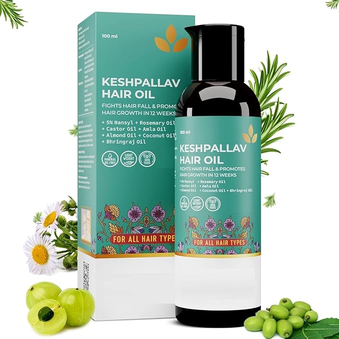 Keshpallav Hair Oil For Men & Women | Promotes Hair Growth & Reduces Hair Fall | With Rosemary, Castor, Amla, Coconut and Bhringraj Oil | Mineral Oil Free | 100 ml