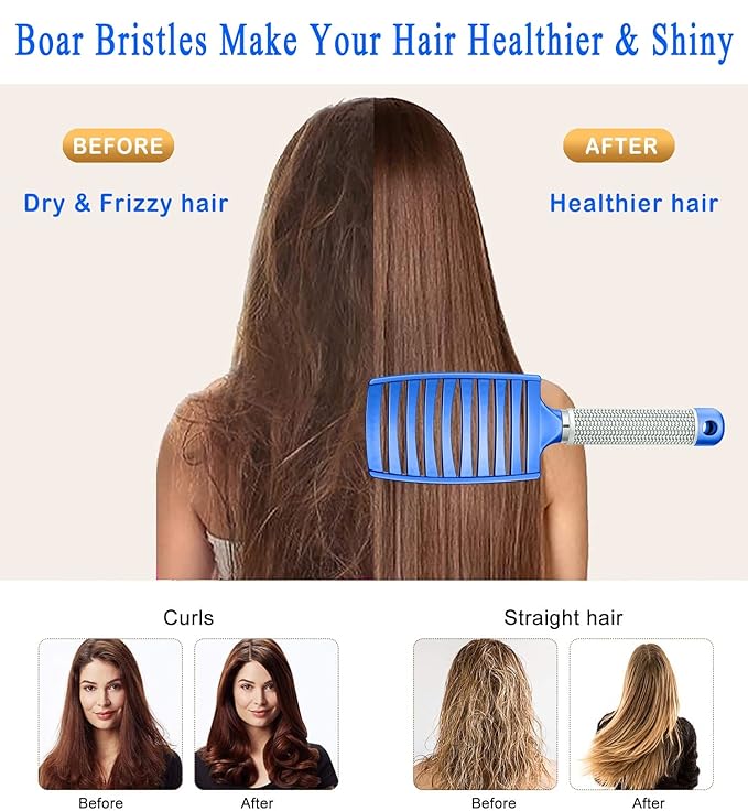 KTKUDY Detangling Brush Boar Bristles Hairbrush Make Hair Shiny & Healthier Curved and Vented Detangler Brush for Women Men Kids Wet and Dry Hair (Blue)