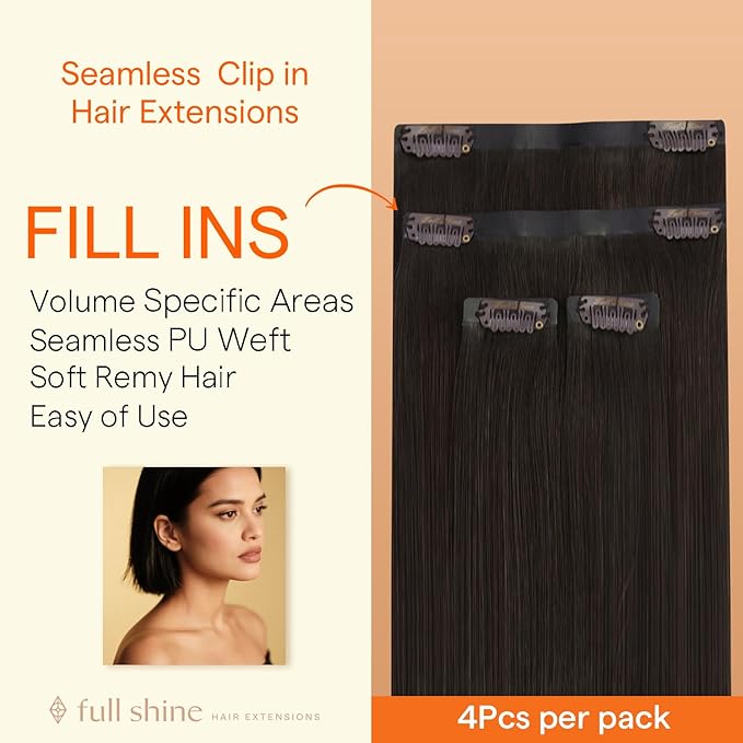 Full Shine Seamless Clip in Hair Extensions, Dark Brown Invisible Hair Extensions Clip in, PU Skin Weft for Thin Hair Add Volume Thinning Hair Extension for Women, Real Human Hair 4Pcs 18inch 85g