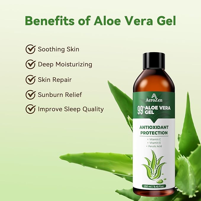 Aero Zen 99% Natural Aloe Vera Gel (2-Pack) | Daily Hydration & After-Sun Relief | Lightweight Alcohol-Free Formula, Deeply and Quickly Soothes Skin, Suitable for Face/Body/Hair - 16.9 fl oz