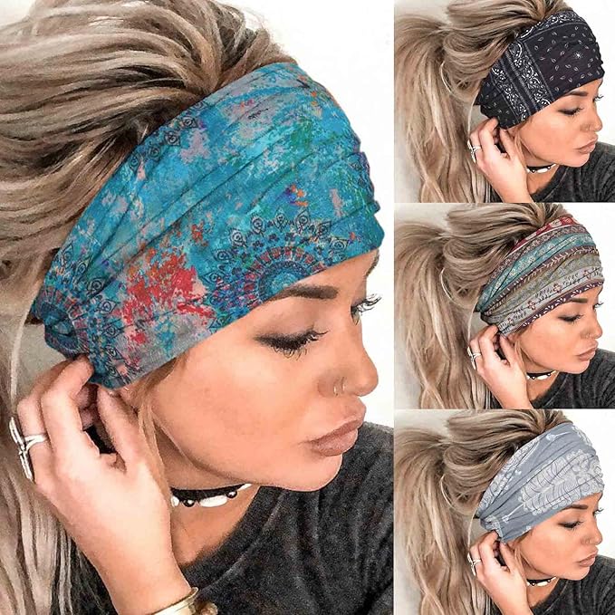 Olbye Wide Headbands, Boho Headbands for Women, Workout Yoga Hair Scarfs Running Sweatband, Hair Accessories for Women Girls (E- Stylish, Pack of 4)