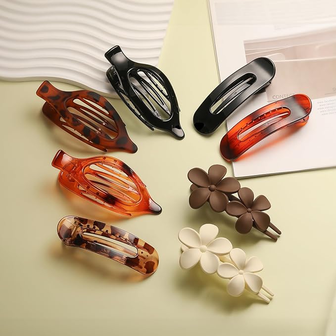 8 PCS Flat Hair Clips, 3 Styles Large Flat Claw Clips for Women, French Strong Hold Non-slip Duckbill Hair Claws for Thin Thick Hair (Tortoise)