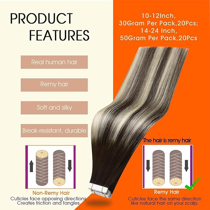 Full Shine Balayage Hair Extensions Real Human Hair Tape ins Color 2 Brown Ombre 60 Blonde Highlight 2 Brown 16Inch Double Sided Tape Extensions Remy 50Gram Seamless Skin Weft 20Pcs for Wedding
