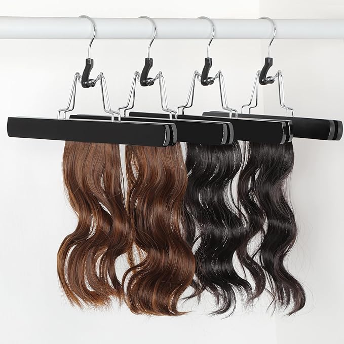 TOPIA HANGER 12 Pack Wooden Pants Hangers, Hair Extension Hangers Non Slip Skirt Hanger Wood Clamp with Velvet Padded 360° Swivel Hook for Jeans, Skirts, Trousers, Wigs CT67B