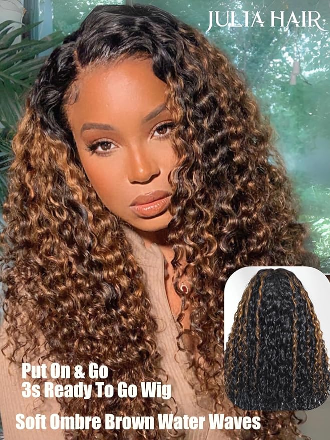 Julia Hair Ombre Brown Water Wave Glueless Wig Human Hair 7x5 HD Lace Closure with Invisible Drawstring Pre Plucked Bleached Highlight Balayage Colored Curly Wigs Put On And Go 16 Inch