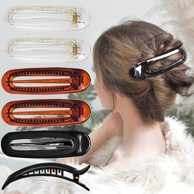 RC ROCHE 6 Pcs Flat Claw Hair Clips for Women Alligator French Barrette Long Thick Hair Duckbill Curved No Slip Grip Lay Flat Side Slide Firm Classic Styling, Large Clear, Brown & Black