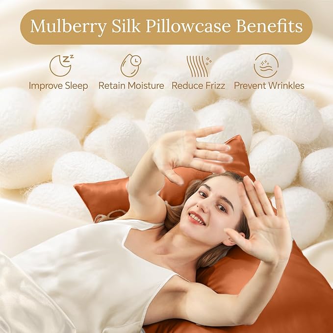 INFIIXSO Silk Pillow Cases 2 Pack Standard Size, Ultra Smooth & Soft Mulberry Silk Pillow Case for Hair and Skin, Breathable Cooling Silk Pillowcase with Hidden Zipper (Brunt Orange, 20x26 Inches)
