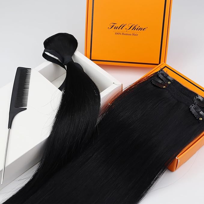 Full Shine 20 Inch Off Black Hair Clip in Extensions Black Hair Extensions Clip in Invisible Hair Extension Human Hair Straight for Long Hair 3 Pieces 60 Grams
